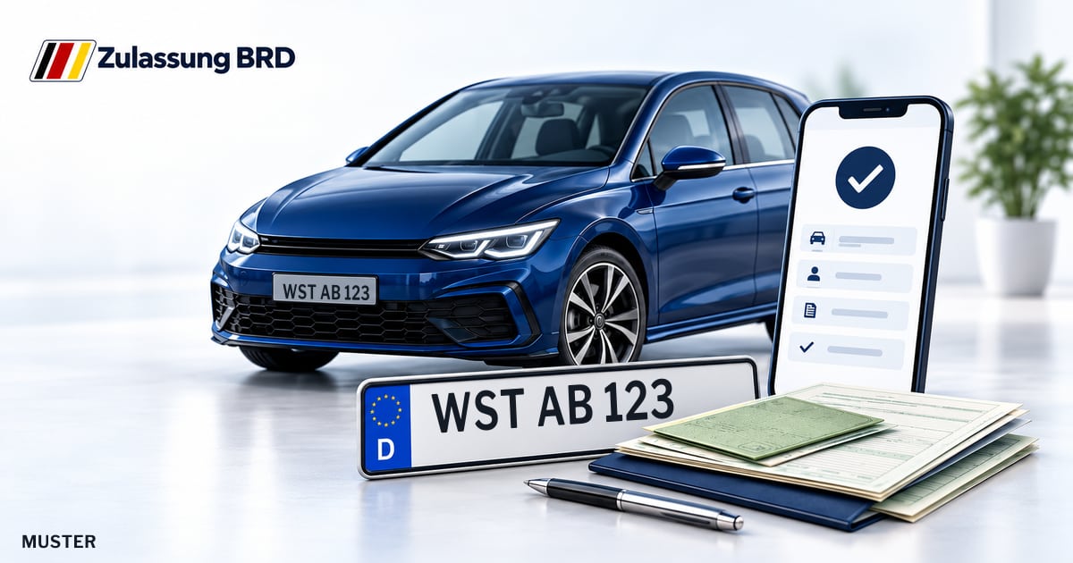 Online Fahrzeugzulassung in Landkreis Ammerland: Musterkennzeichen WST AB 123, Auto und Fahrzeugpapiere und Smartphone. Illustration mit Logo von Zulassung BRD.